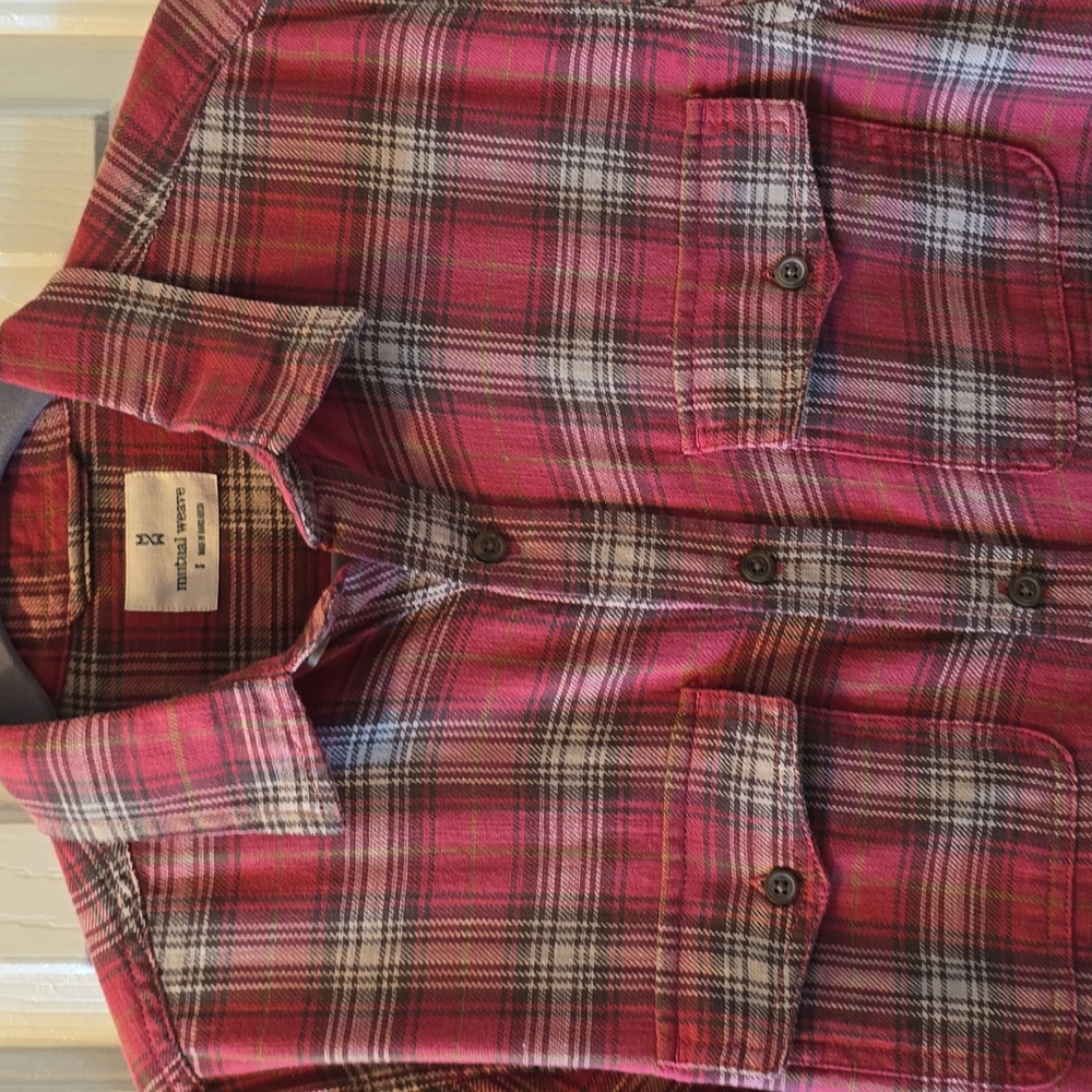 MUTUAL WEAVE MENS RED PLAID LONG SLEEVE BUTTON SHIRT SIZE SMALL
